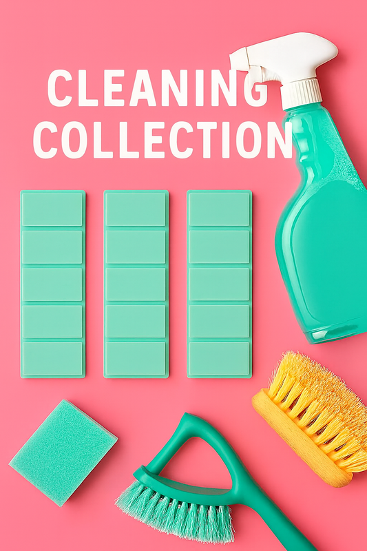 "Coral pink background with bold white text ‘CLEANING COLLECTION’ above neatly arranged cleaning supplies including tiles, spray bottle, sponge, and brushes."