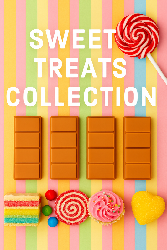 "Colorful candy shop–style background with bold white text reading ‘SWEET TREATS COLLECTION.’