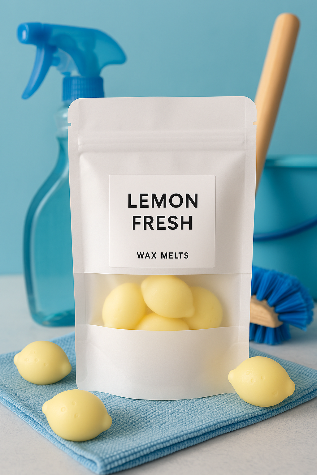 “Eco-luxe lemon-shaped wax melts in a resealable pouch with peek-through window, styled on a neutral background with soft lighting.”
