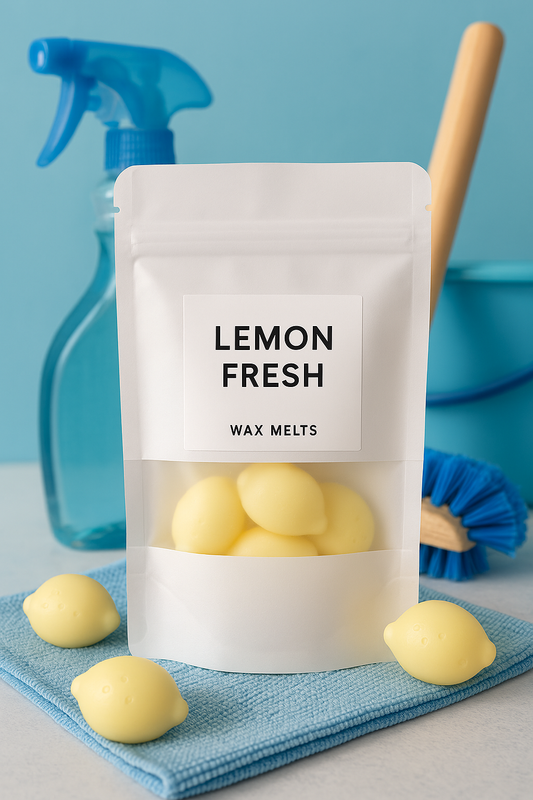 “Eco-luxe lemon-shaped wax melts in a resealable pouch with peek-through window, styled on a neutral background with soft lighting.”
