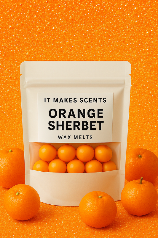 It Makes Scents Orange Sherbet Wax Melts pouch surrounded by fresh oranges, set against a neon orange fizzy candy background.