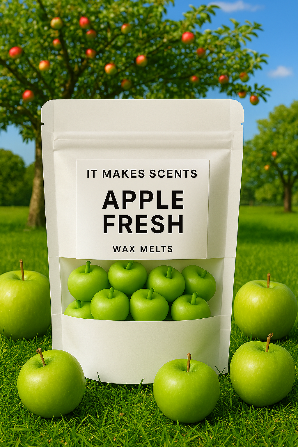 White pouch labeled "Apple Fresh Wax Melts" from It Makes Scents, displayed on green grass in an apple orchard with blue sky and apple trees in the background. Green apple-shaped wax melts are visible through a clear window, with fresh apples scattered around the pouch.